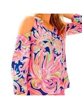 Lilly Pulitzer Women's Elsa Sunny Shoulder Top Pink Multi Silk Size XL